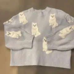 猫デザイン 水色ニットセーター