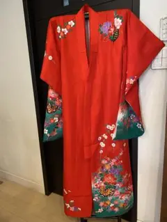 赤い花柄着物 四つ身 リメイク 素材