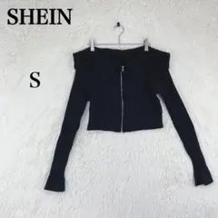 【シーイン】長袖ニット ショート クロップド リブ編み 袖スリット S ブラック