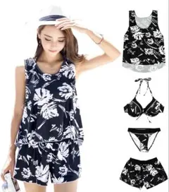 新品未使用未開封！フラワープリントの水着 タンキニ 4点セット（XL）