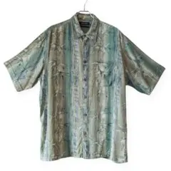 【古着】竹 総柄シャツ 半袖 カーキ/グリーン MURANO 【シルクシャツ】