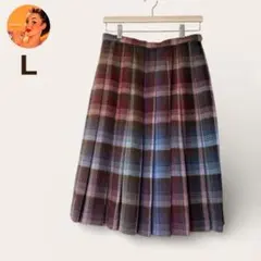 【80s】プリーツスカート　チェック柄　ロング　ウール調　秋冬　ブラウン系
