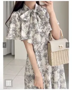 GRL ボウタイ花柄リボンフレアワンピースLサイズ[ta006]