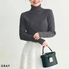 【ベースメントオンライン】グレー タートルネック リブニット 長袖