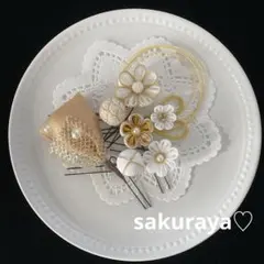 【390】つまみ細工髪飾り　卒業式袴　成人式　結婚式　和玉水引きホワイトゴールド