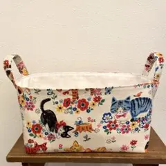 フラワー＆キャッツ 猫柄 ネコ 布バスケット 収納ボックス ハンドメイド