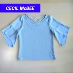セシルマクビー 袖シアー半袖カットソー ビジューVネックブラウス 水色 M 夏服のサムネイル