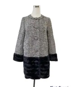 grove グローブ　白黒ツィードファー切替えノーカラーロングコートL冬