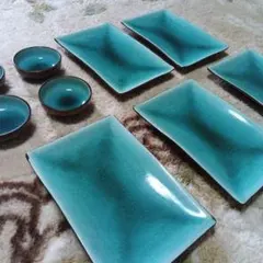 涼しげ　青緑色 陶器製 食器セット 皿 小鉢 和食器 9点セット
