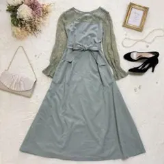 merlot plus レース切替 ワンピース グリーン ロング リボン ドレス