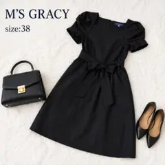 美品 M'S GRACY 花ボタン チェック 切替 ワンピース ブラック 38