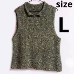 オリーブグリーン ハイネック ニットベスト　重ね着　Lサイズ