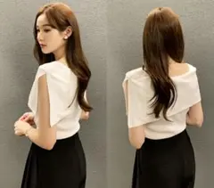 ホワイト オフショルダー ニット 半袖