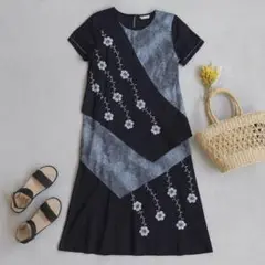 Arzoo.J 花柄刺繍切替ワンピース ブラック×ブルー 夏コーデ