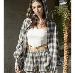 EVRIS フーディーチェックオーバーサイズシャツ