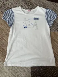 【美品】ミキハウス 150 半袖Tシャツ フレンチ柄 リボン付き 白×ブルー