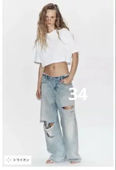 ZARA ミッドライズ折り返しウエストデニムパンツ　34