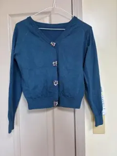 ②青　ブルー Mサイズ カーディガン　ビーズボタン　ガーリー　可愛い　上品