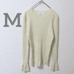 【オペークドットクリップ】長袖リブニット ホワイト L 袖フレア コットン　黄色