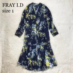 極美品 フレイアイディー ノーカラーシャツワンピース 花柄 Vネック フレア
