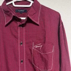 TOMMY 赤 チェック柄 長袖シャツ Lサイズ