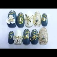 成人式　振袖ネイルチップみどり白いお花ジルコニア蝶々ラメフレンチ2