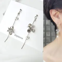 No.487 華奢とろみチェーン つやシルバー お花とパールピアス short