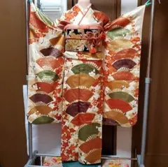 振り袖y、長襦袢、袋帯、小物セット振袖 正絹 豪華 花柄 オレンジ 白 