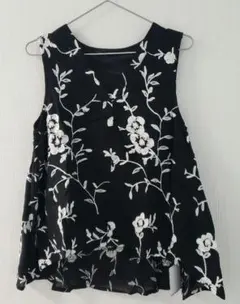 黒 花柄刺繍 ノースリーブ トップス　FREE