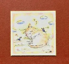 草原とネコ】猫の絵画 木枠付き ミニサイズ 水彩画 絵 絵画 原画