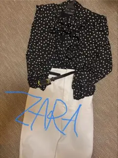 ZARA ドット柄リボン付きシャツ M 黒/白