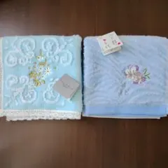 水色 花刺繍 タオルハンカチ 2枚セット