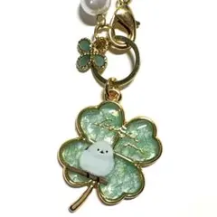 シマエナガ レジン バッグチャーム ✱ 四葉 グリーン パールビーズチェーン
