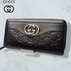 01 美品 GUCCI 長財布 インターロッキング シマ ダークブラウン b5