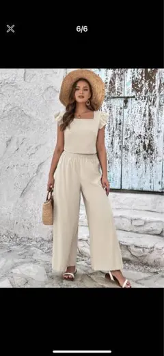 スクエアネック フリルトリム トップス & ワイドレッグパンツ