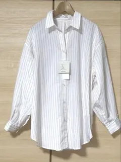 グローバルワーク　ストライプ 長袖シャツ リネンブレンド ゆったり　サイズM