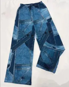 XmasSALE！／新品未使用！個性的！デニムプリントワイドパンツ／Ｓ〜М