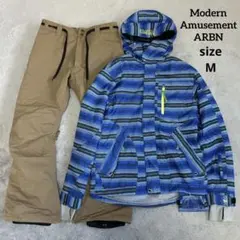 青と緑のストライプメンズスノーボードウェアセット　サイズM