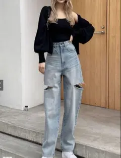 スリットデニムワイドパンツ　GRL