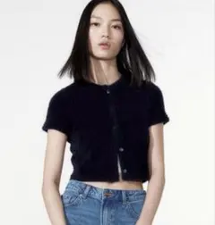 ✨新品タグ付き✨H&M フラッフィニット 半袖カーディガン xsサイズ ネイビー