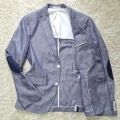 ZARA MAN テーラードジャケット 麻混 52 ブルー系 エルボーパッチ付き