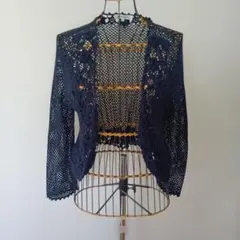 HANAE MORI ネイビー クロシェ編み カーディガン ボレロLのサムネイル