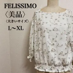 美品 フェリシモ 花刺繍シアーブラウス L〜XL フリル袖 白 韓国風 ガーリー