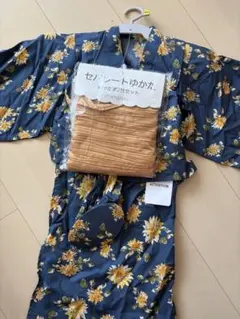 新品 3619円 100cm セパレート 浴衣 紺 ひまわり 帯 巾着 セット
