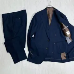 美品『スーツセレクト』3ピース セットアップスーツ ジレ チェック ウール 紺