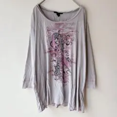 ロングTシャツ ロンT 長袖 グレー グラフィックプリント 3X（4L）