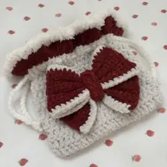 【冬季限定デザイン セール中】ワインレッド ふわふわリボンポーチ 巾着 編み物