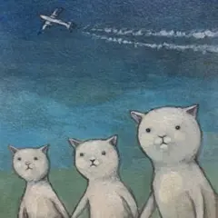 自作絵画　小作品　飛行機雲と3匹の猫