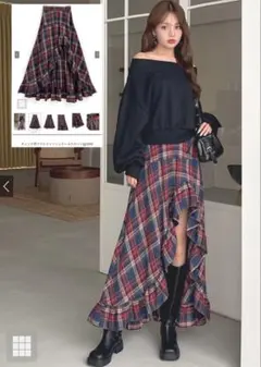 レッド系チェック柄フリルロングスカート