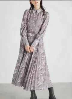 rienda フラワープリント ロングドレス グレー